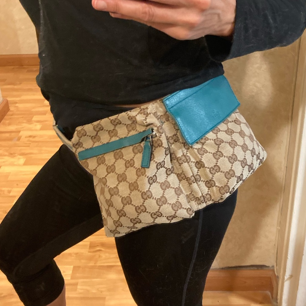 Vintage Gucci Teal Blue Leather & Brown Monogram Belted Waist Bag- Bum Bag